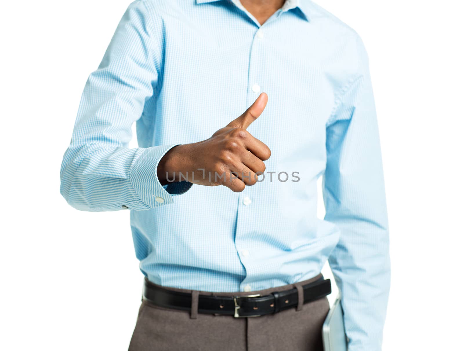 African american college student standing with laptop and finger by vlad_star