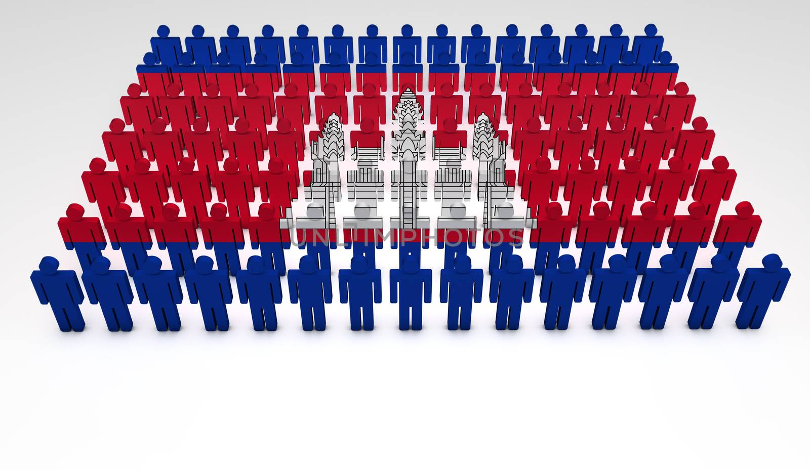 Parade of 3d people forming a top view of Cambodia flag. With copyspace.