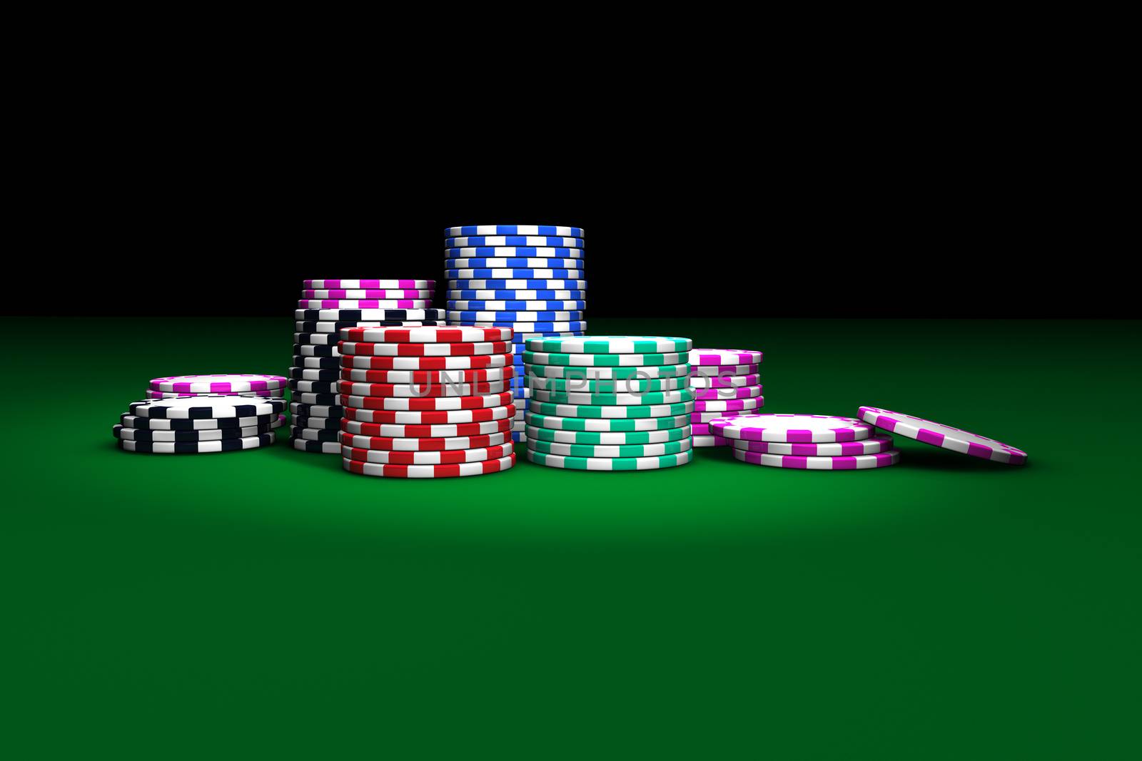 Gambling casino chips stacked on green table. Great background for poker magazines, banners, webpages, flyers, etc.