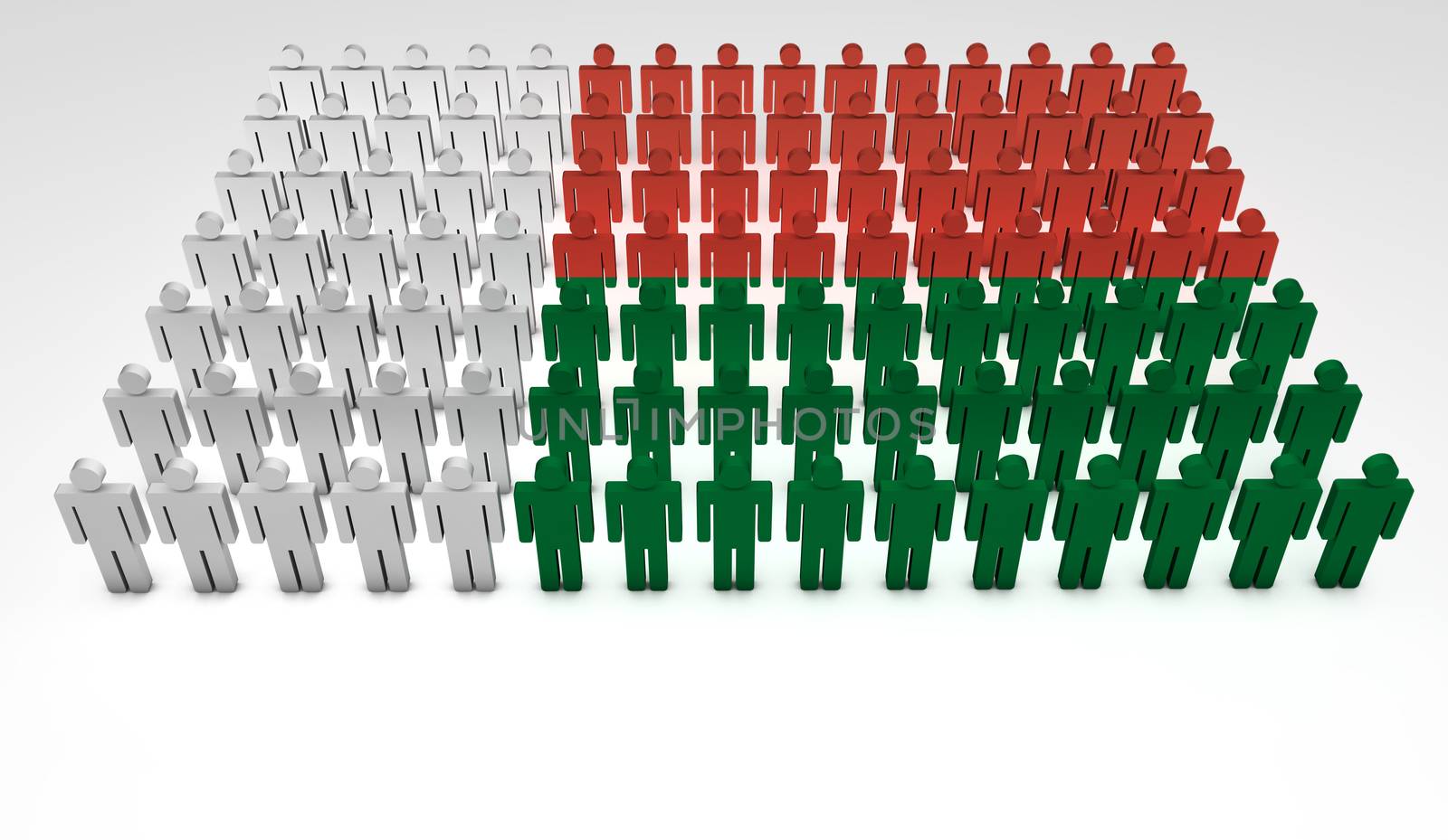 Parade of 3d people forming a top view of Madagascar flag. With copyspace.