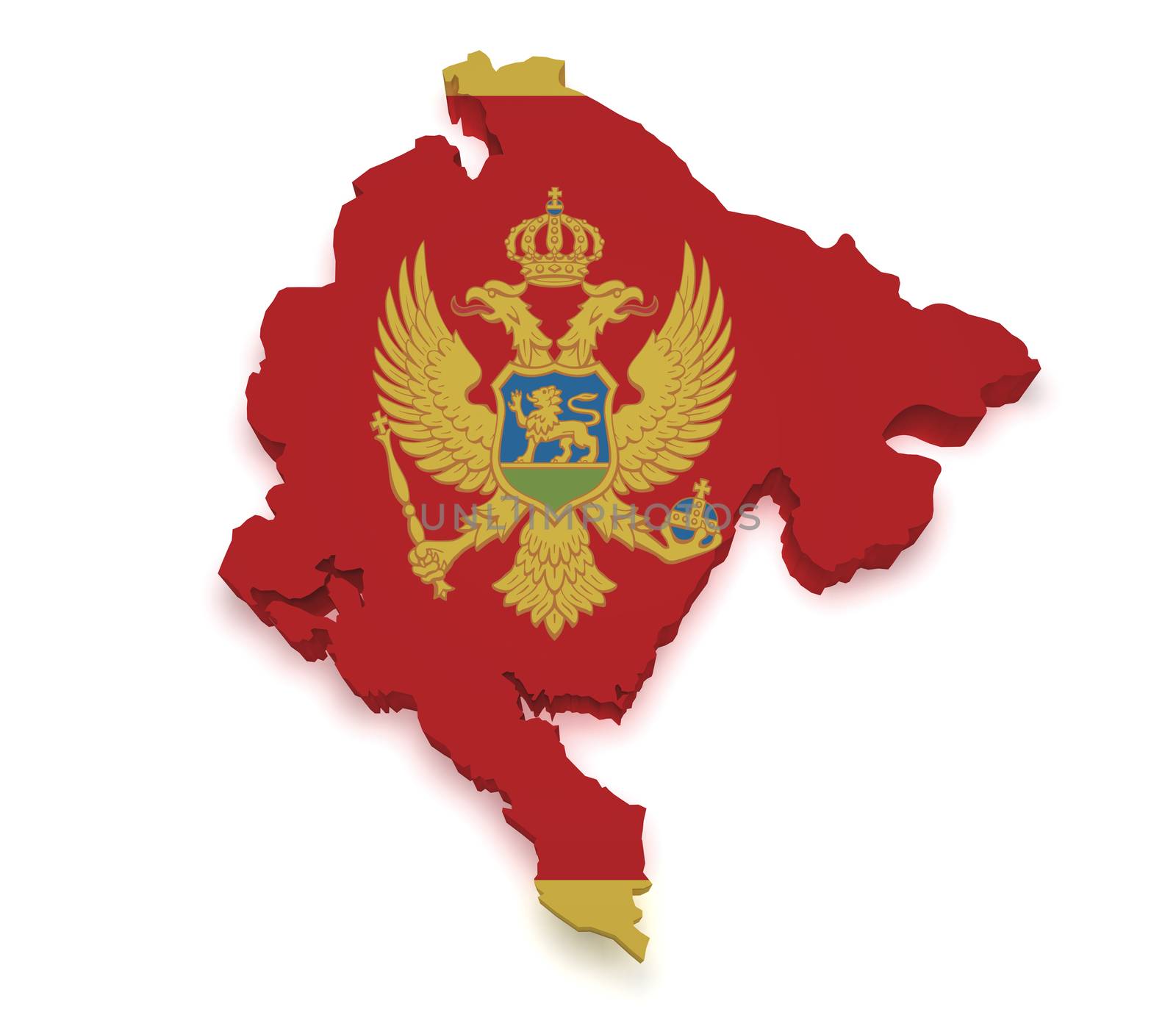 Shape 3d of Montenegro map with flag isolated on white background.