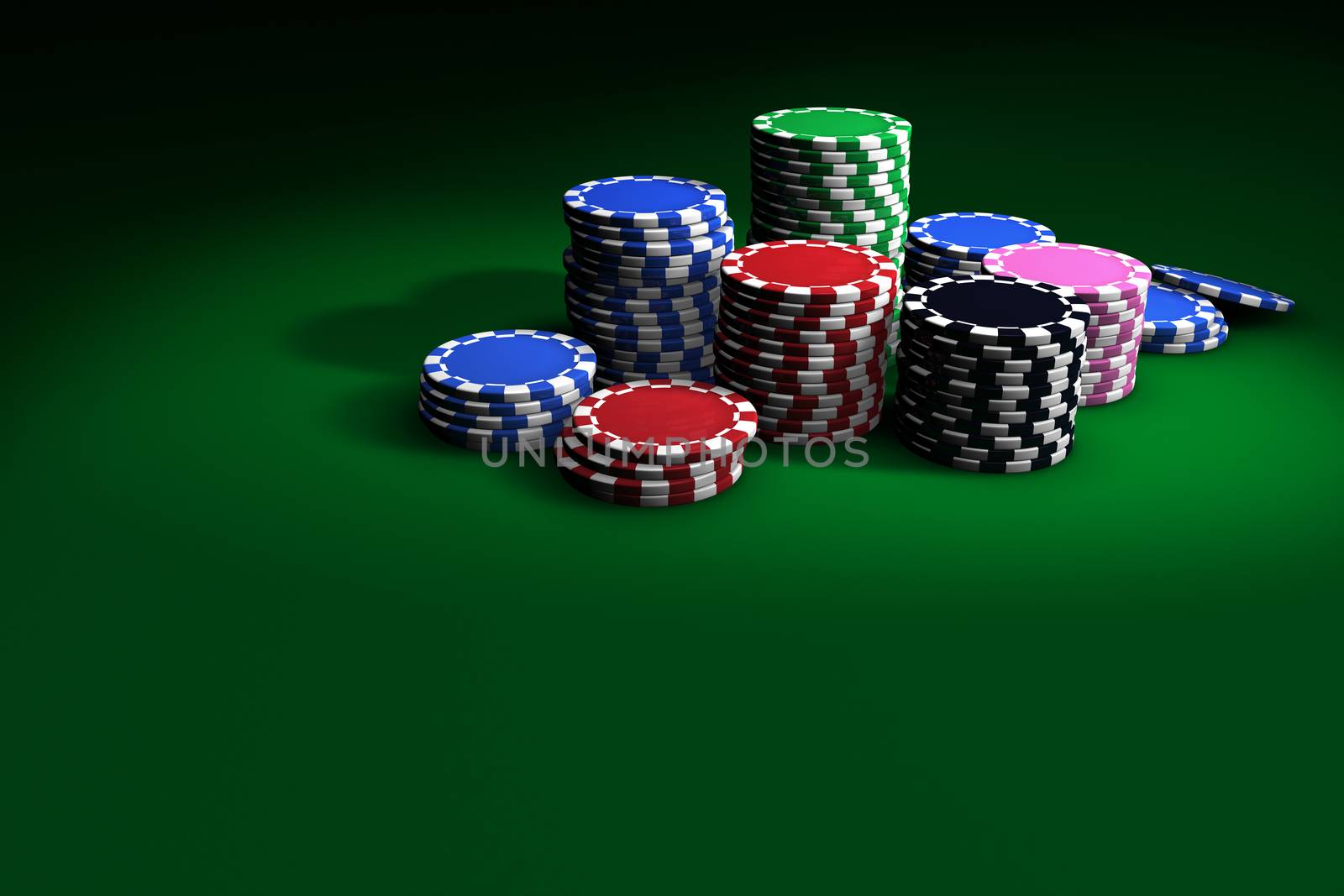 Gambling casino chips stacked on green table. Great background for poker magazines, banners, webpages, flyers, etc.