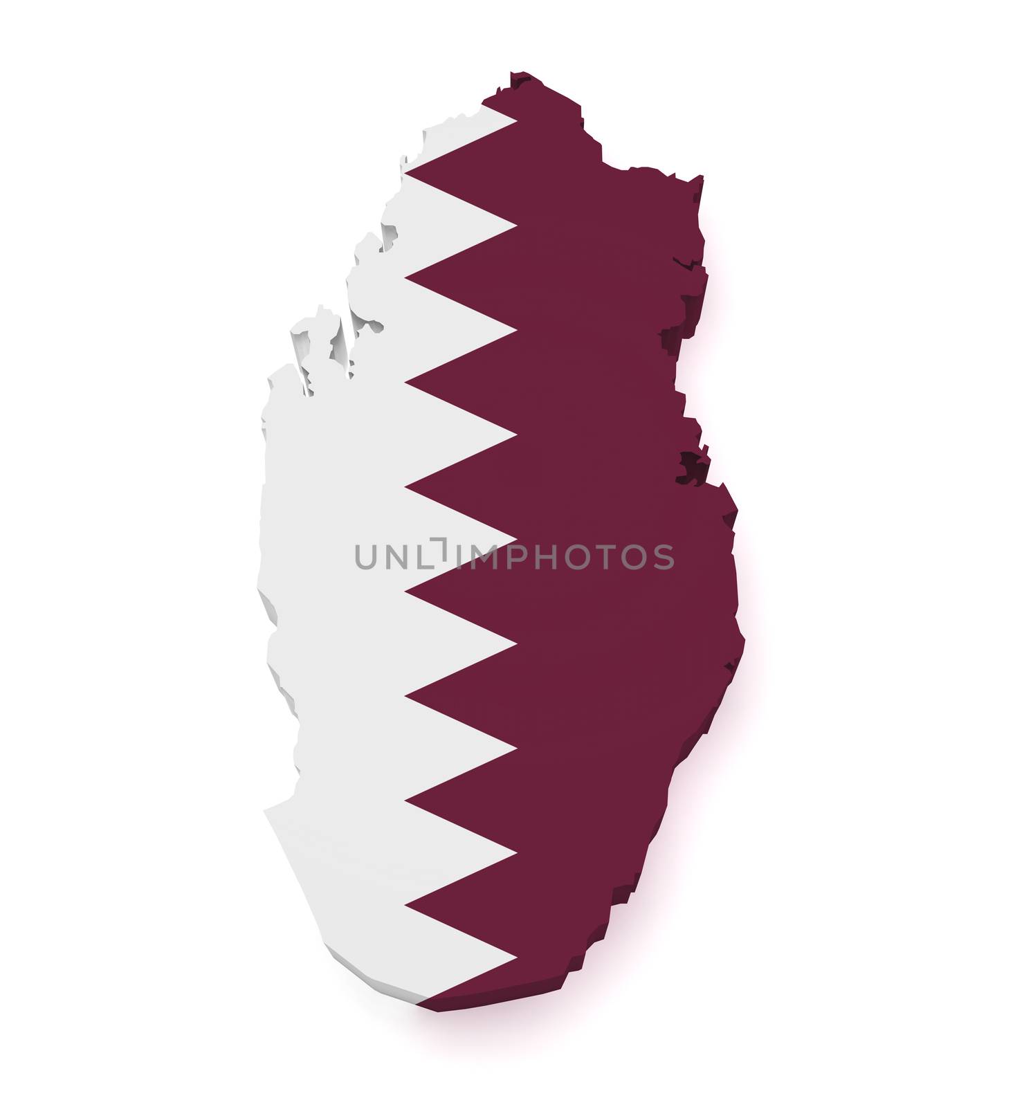 Shape 3d of Qatar map with flag isolated on white background.