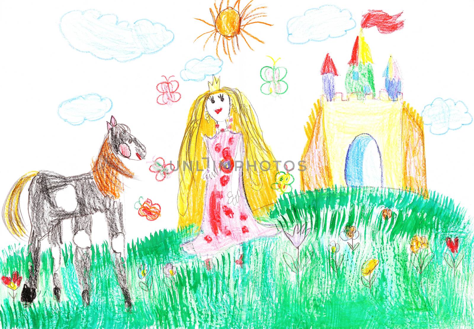 Princess and the horse on the background of the castle. by Strekalova