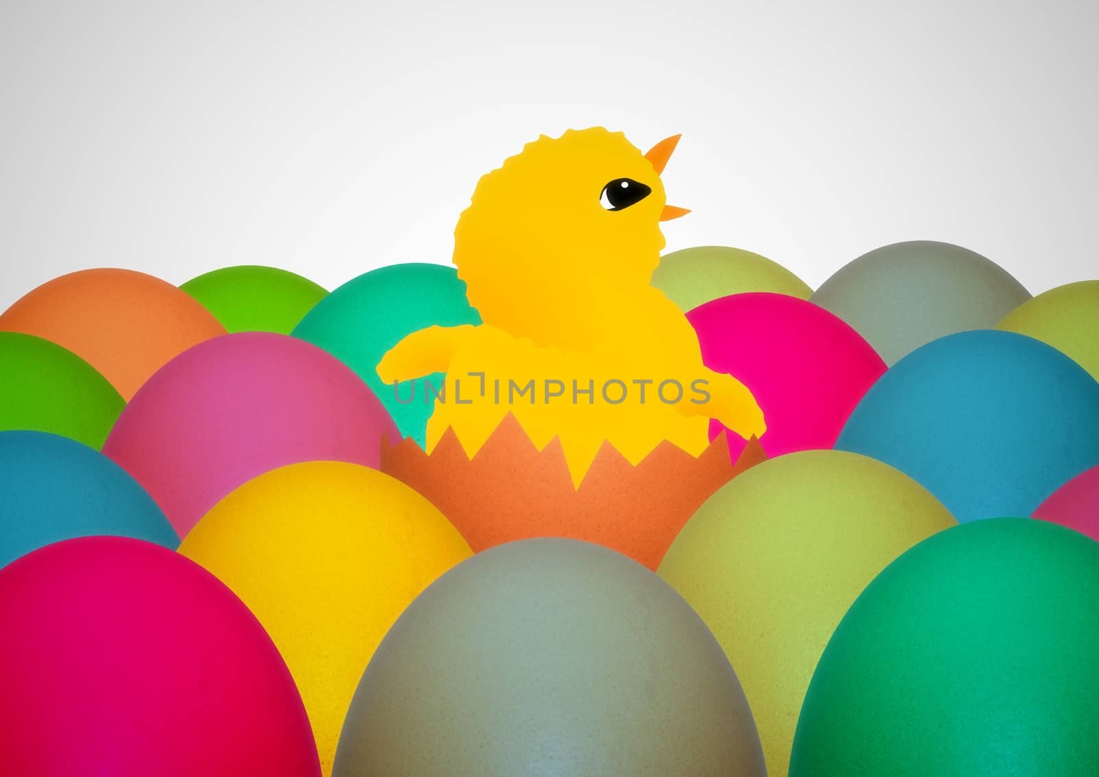 Illustration of an Easter chick surrounded by colorful eggs