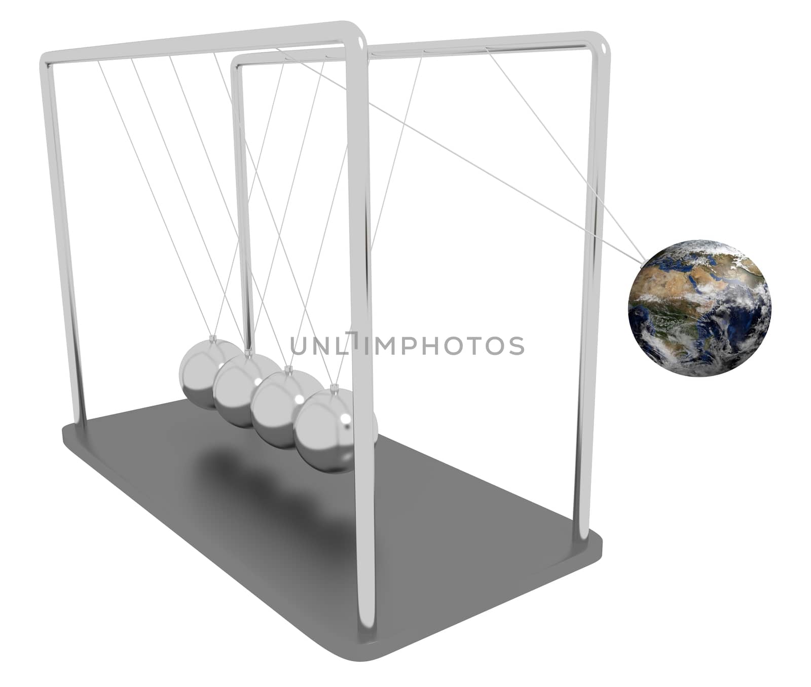 Illustration of Newtons Cradle with one of the spheres replaced with planet Earth