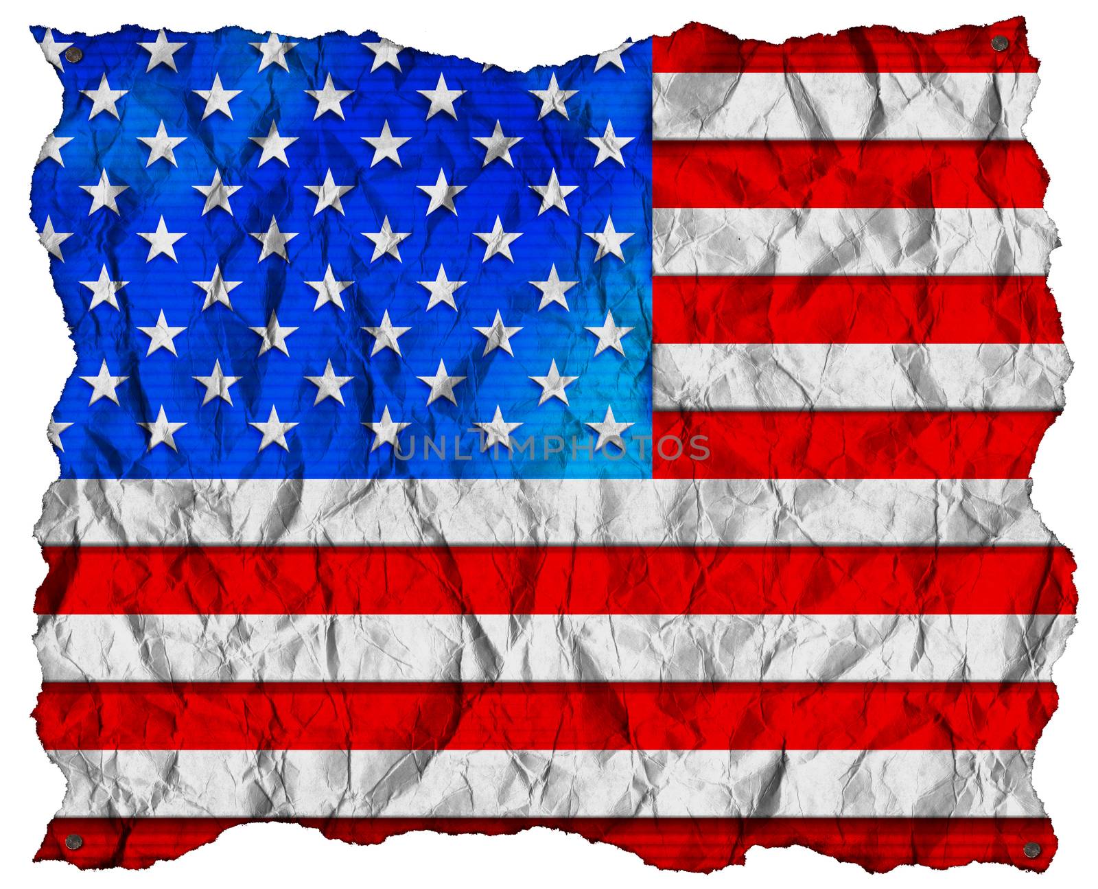 USA flag on a wrinkled sheet of paper with nails, isolated on a white background