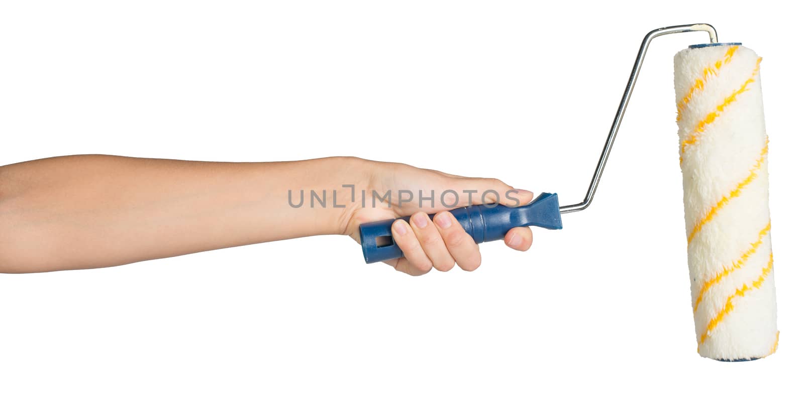 Female hand, bare, holding paint roller, isolated over white background
