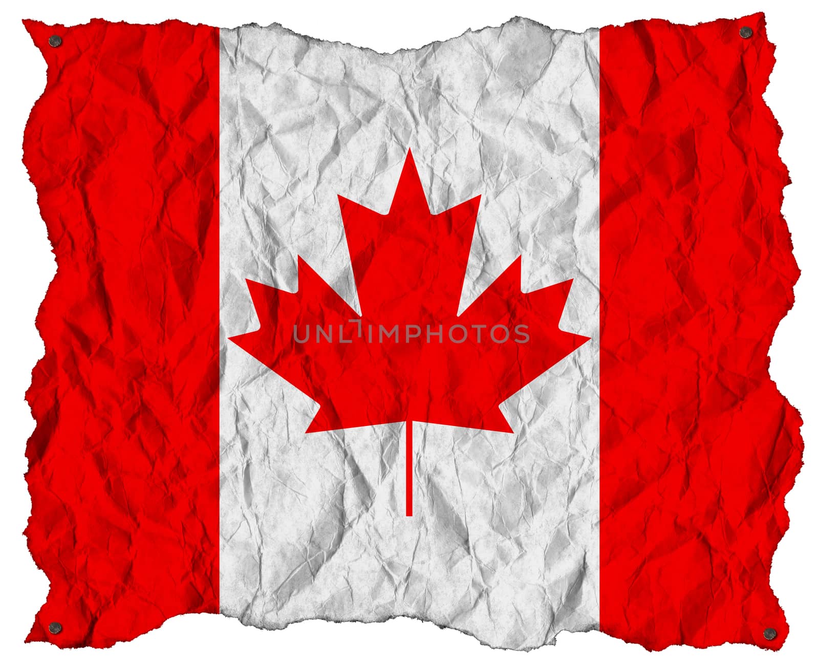 Canadian flag on a wrinkled sheet of paper with nails, isolated on a white background