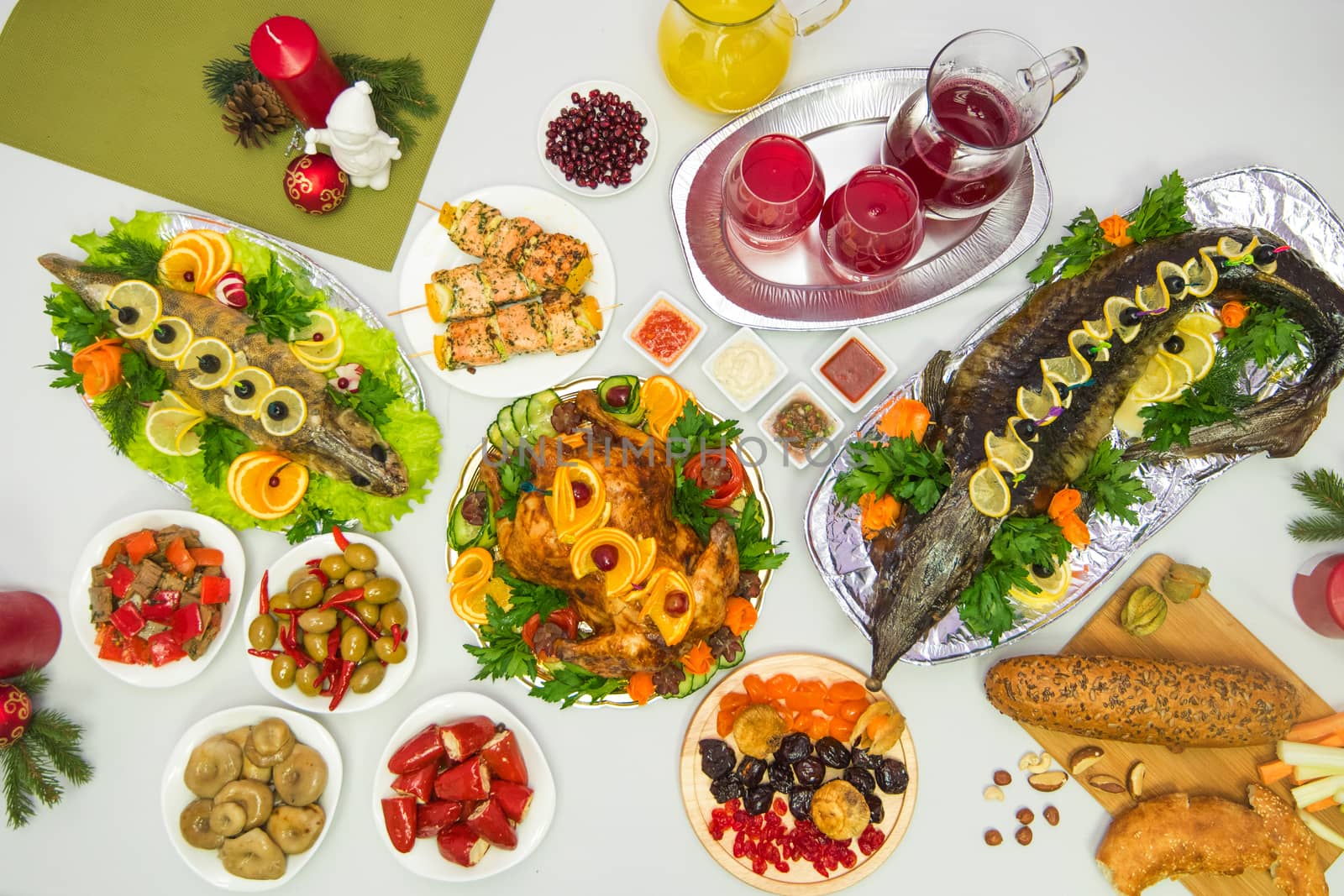 Lots of traditional festive food on table. Christmas table.