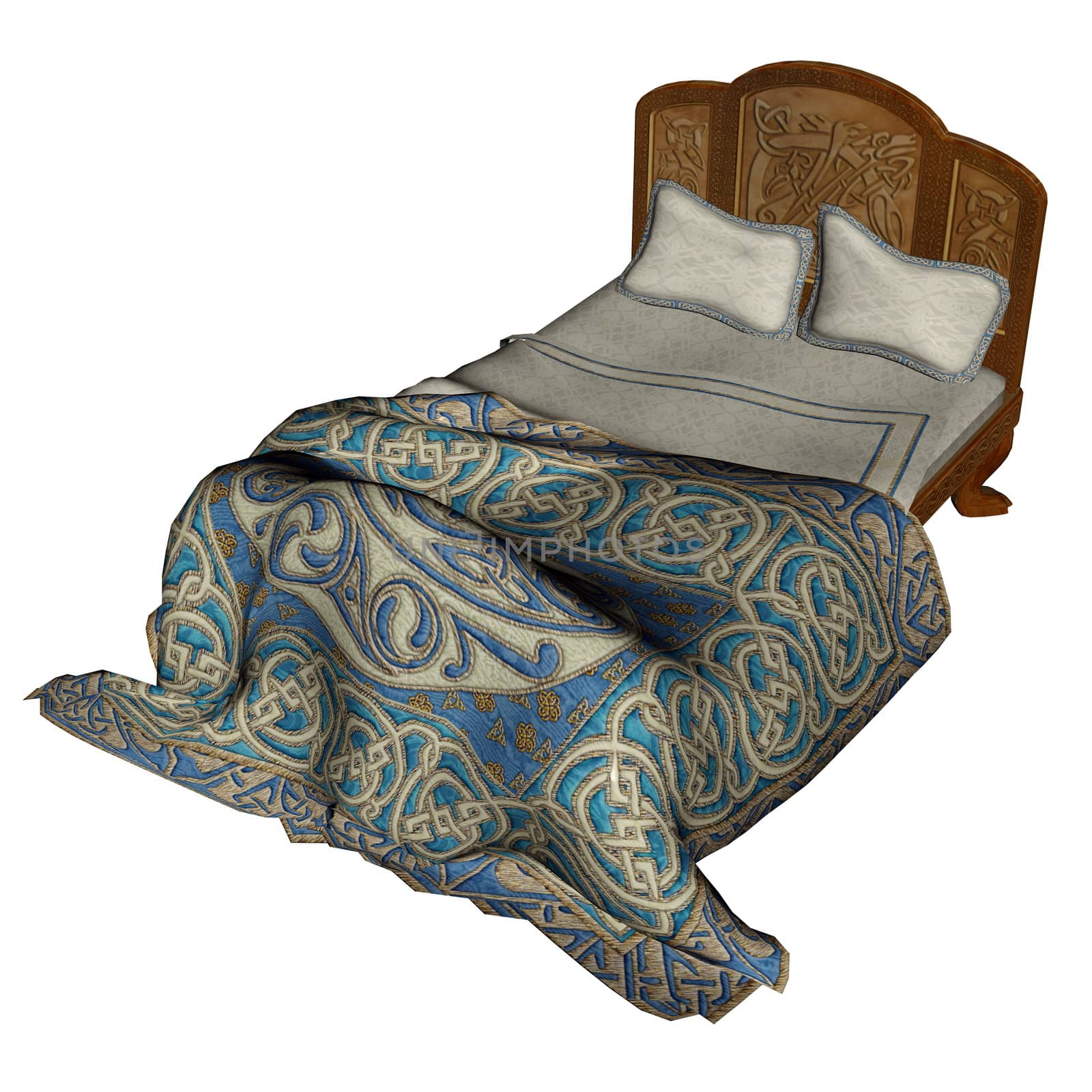 Bed with blanket and pillows, isolated in white background - 3D render