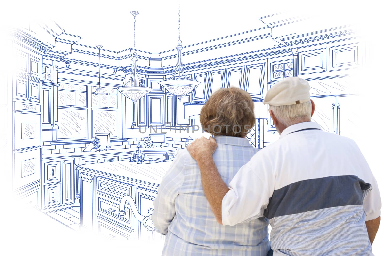 Curious Senior Couple Looking Over Blue Custom Kitchen Design Drawing.