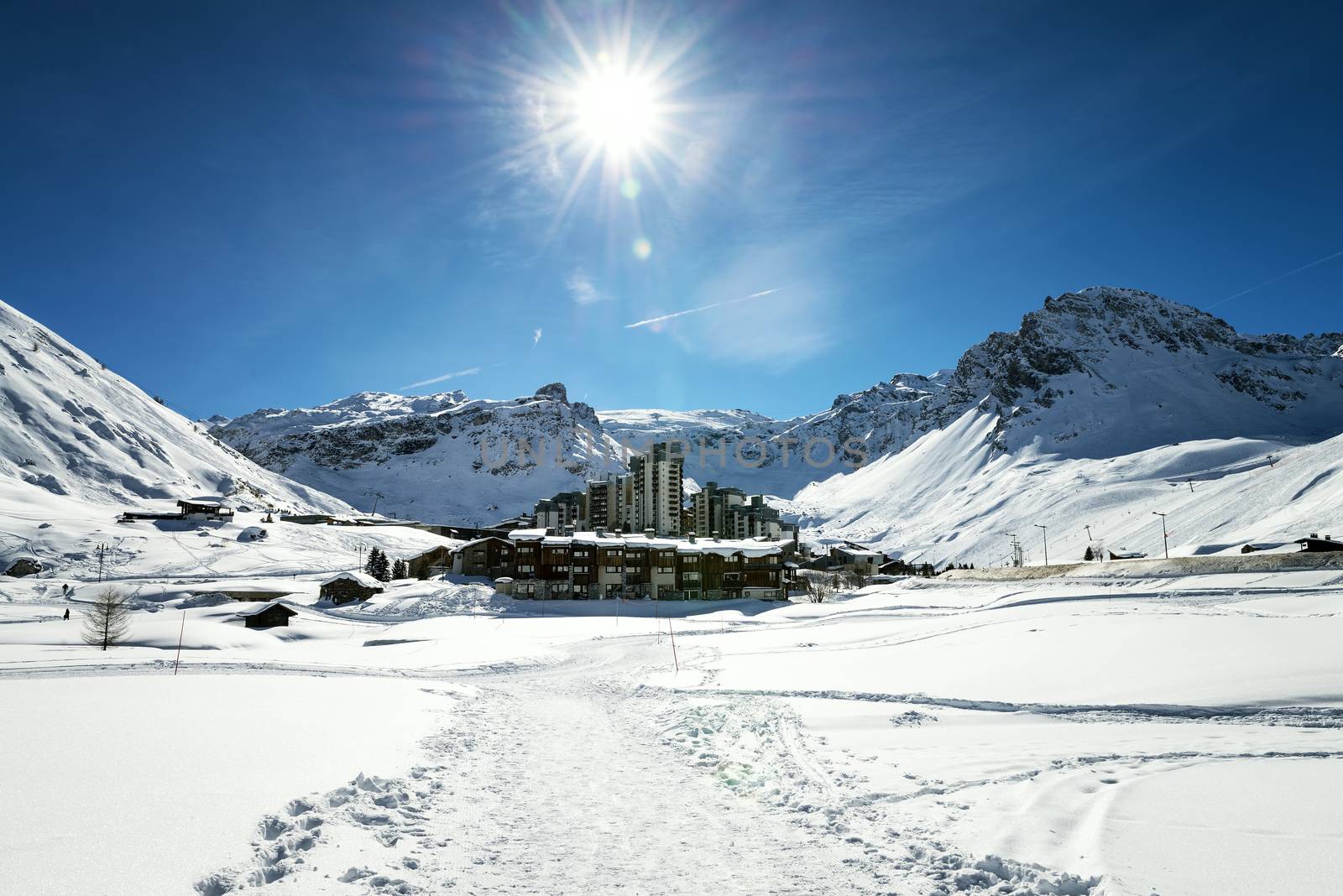 Llandscape and ski resort in French Alps,Tignes, Le Clavet, Tarentaise, France 