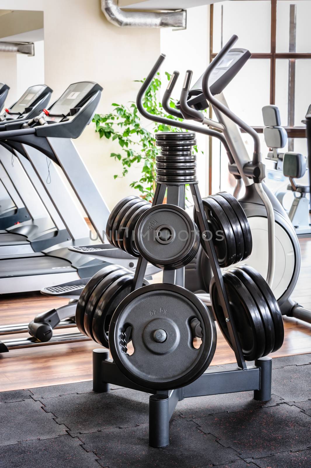 Barbell plates rack in the gym by starush