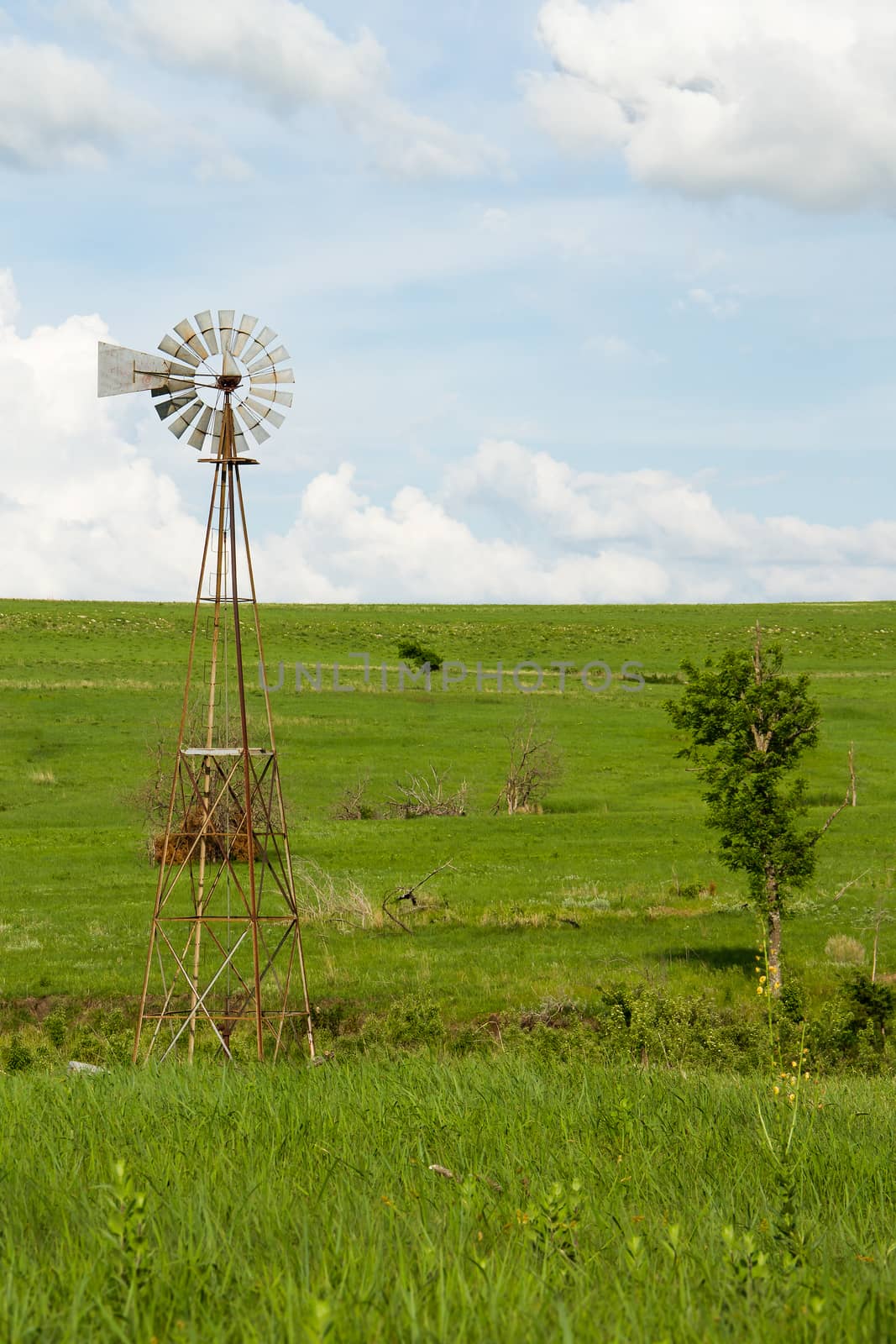 A windmill in a field in the Flint Hills of Kansas