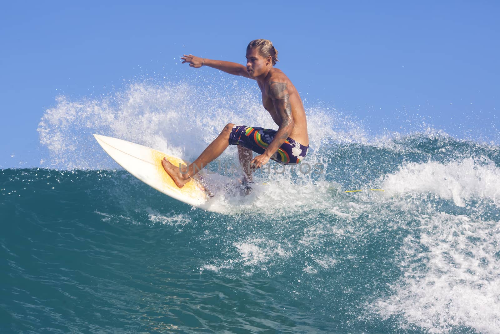 Surfer on Amazing Blue Wave, Bali island.