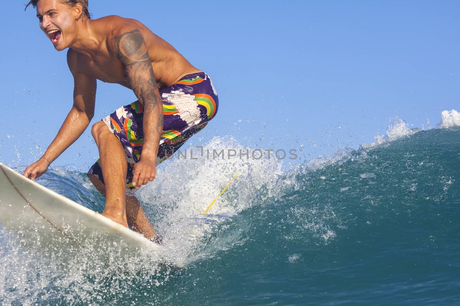 Surfer on Amazing Blue Wave, Bali island.