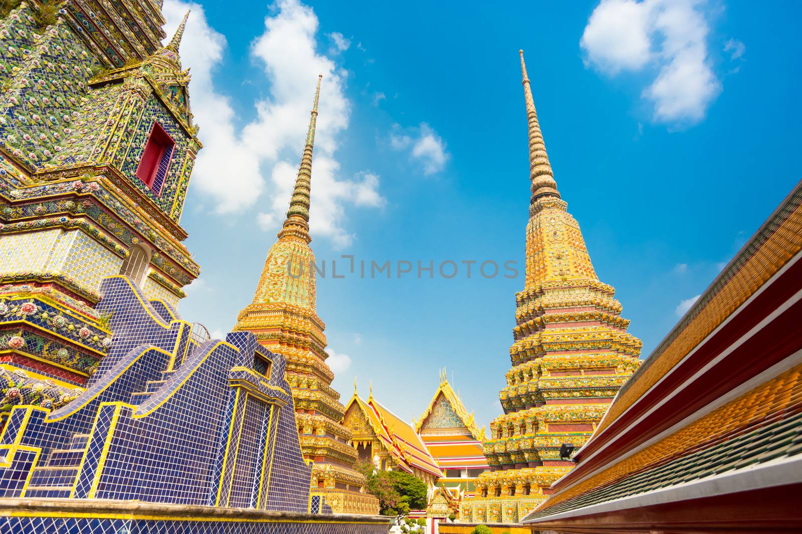 Pagodas of Wat Pho, the Temple of the Reclining Buddha or Wat Phra Chetuphon. Bangkok, Thailand.