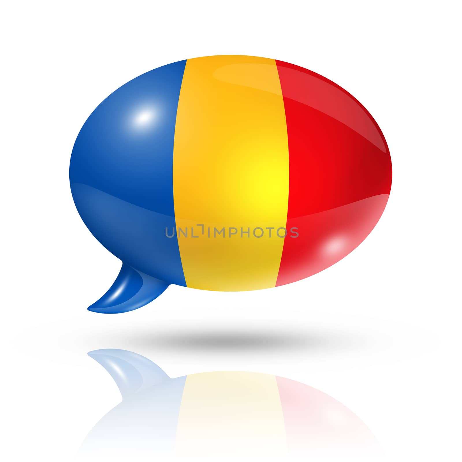 three dimensional Romania flag in a speech bubble isolated on white with clipping path