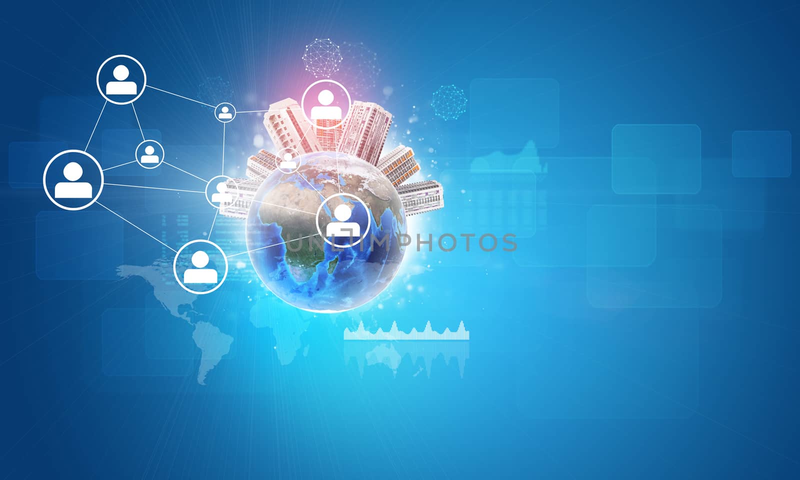 Globe with buildings on top and network with person icons, on blue background. Element of this image furnished by NASA