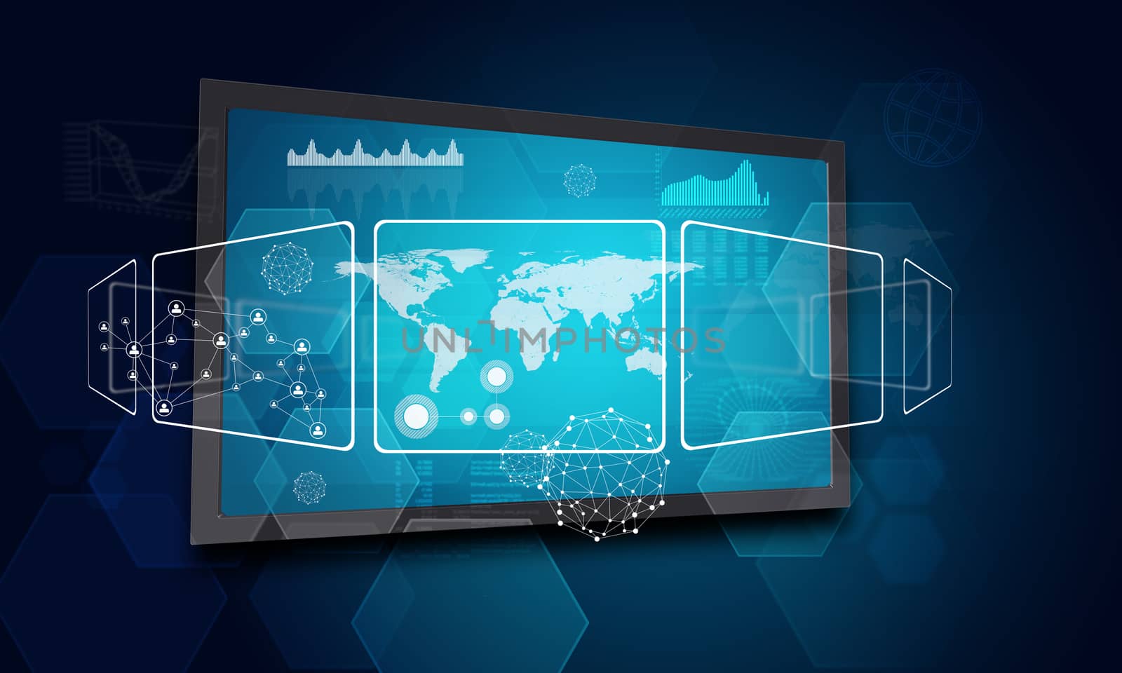 Touchscreen display with world map, graphs and other elements, on blue background