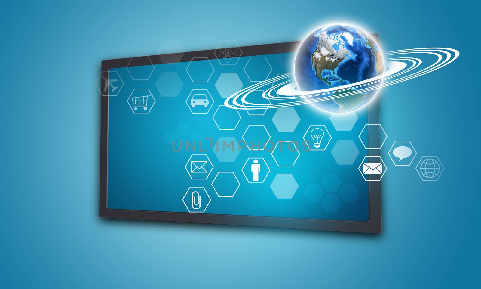 Touchscreen display with Globe and hexagons, on blue background by cherezoff