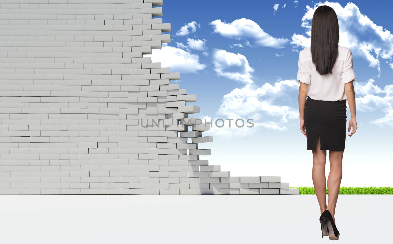 Beautiful businesswoman in shirt and skirt. Rear view. Dilapidated brick wall, green meadow with sky as backdrop by cherezoff