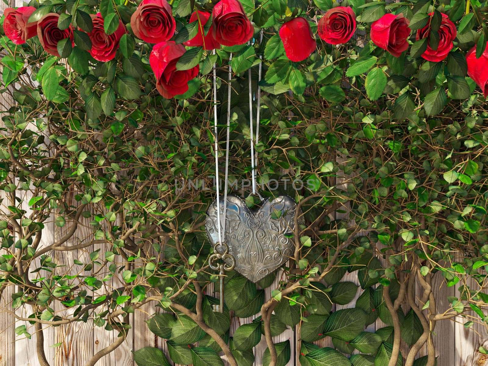 Roses and a heart with key on wooden board,
concept holiday background