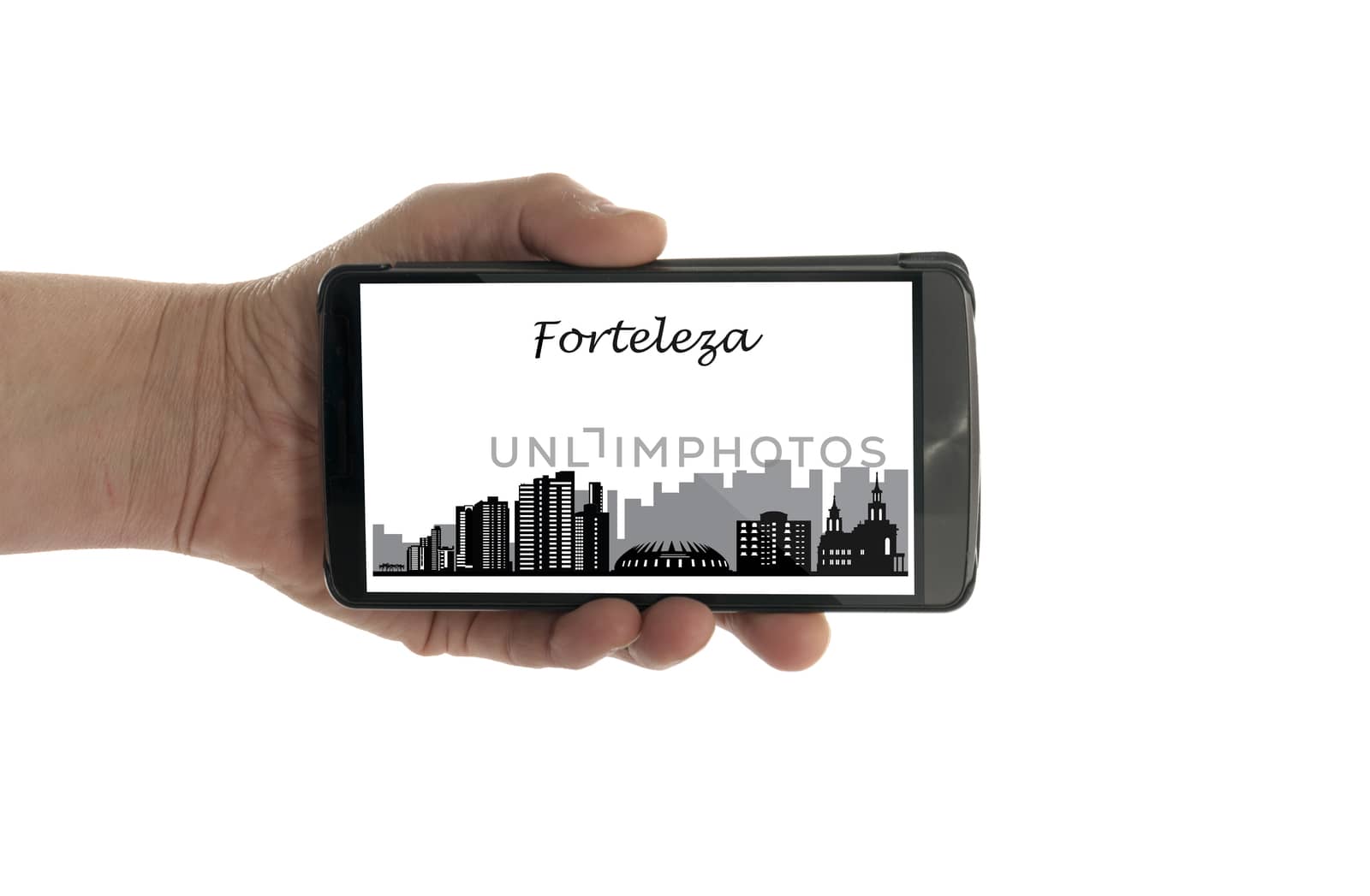 female hand with mobile phone Forteleza skyline by compuinfoto