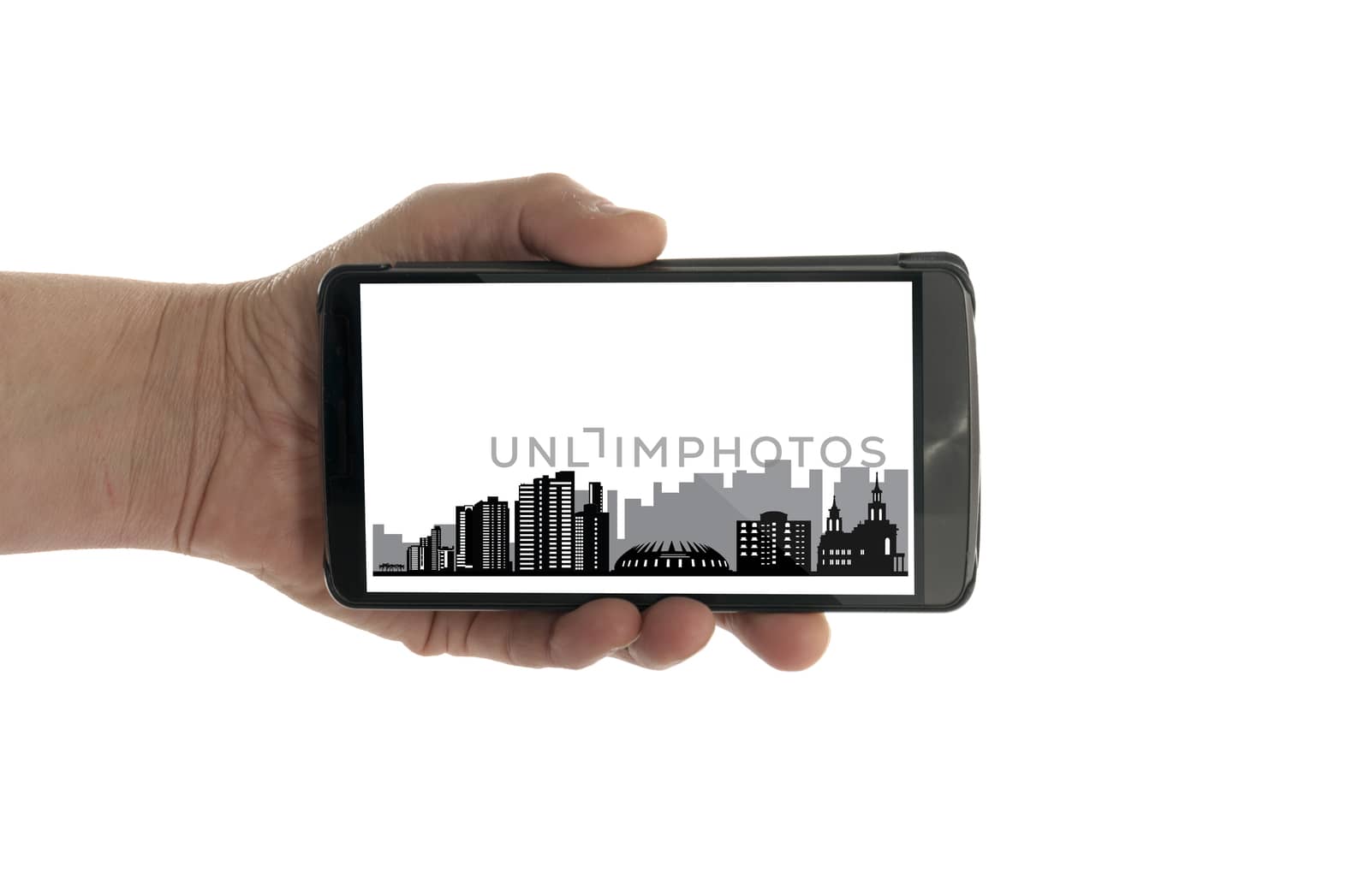 female hand with mobile phone Forteleza skyline by compuinfoto