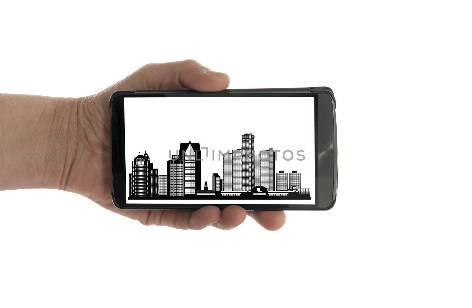 female hand with mobile phone isolated on white with  Detroit skyline
