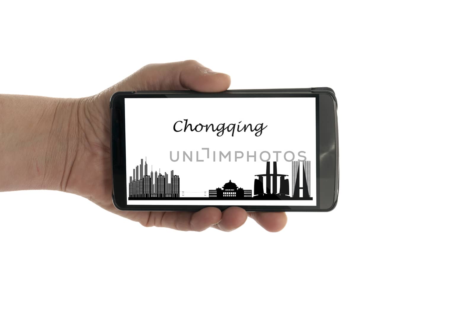 female hand with mobile phone chongqing skyline by compuinfoto