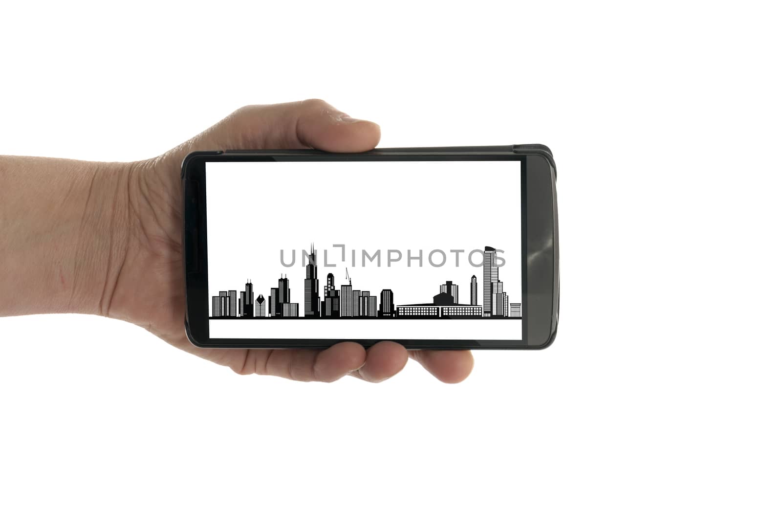 female hand with mobile phone Chicago skyline by compuinfoto
