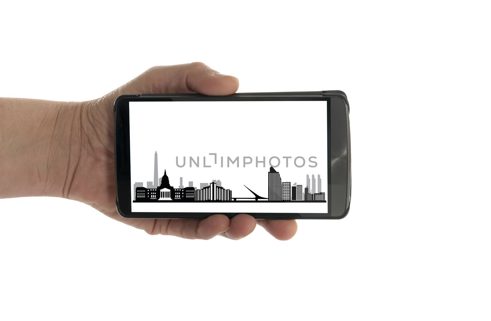 female hand with mobile phone isolated on white with Buenos Aires skyline