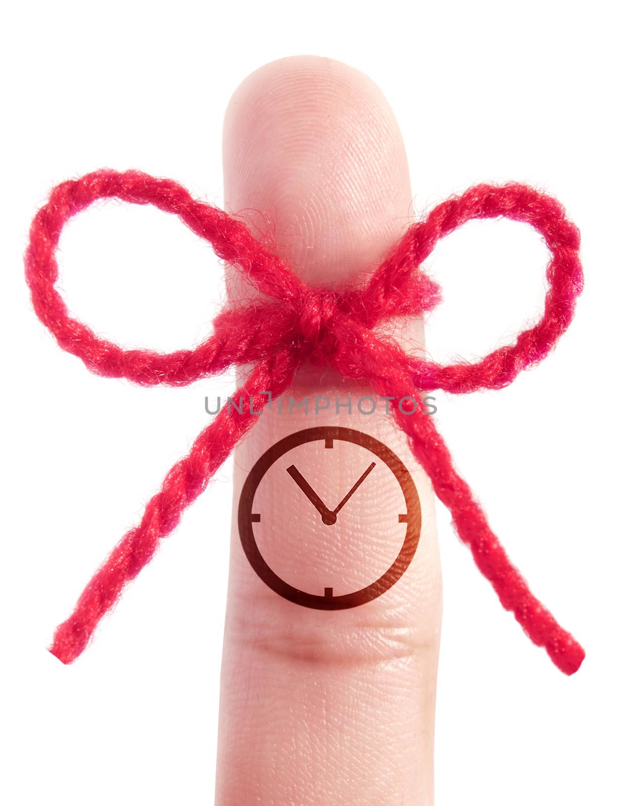Clock icon printed on a finger tied with red bow
