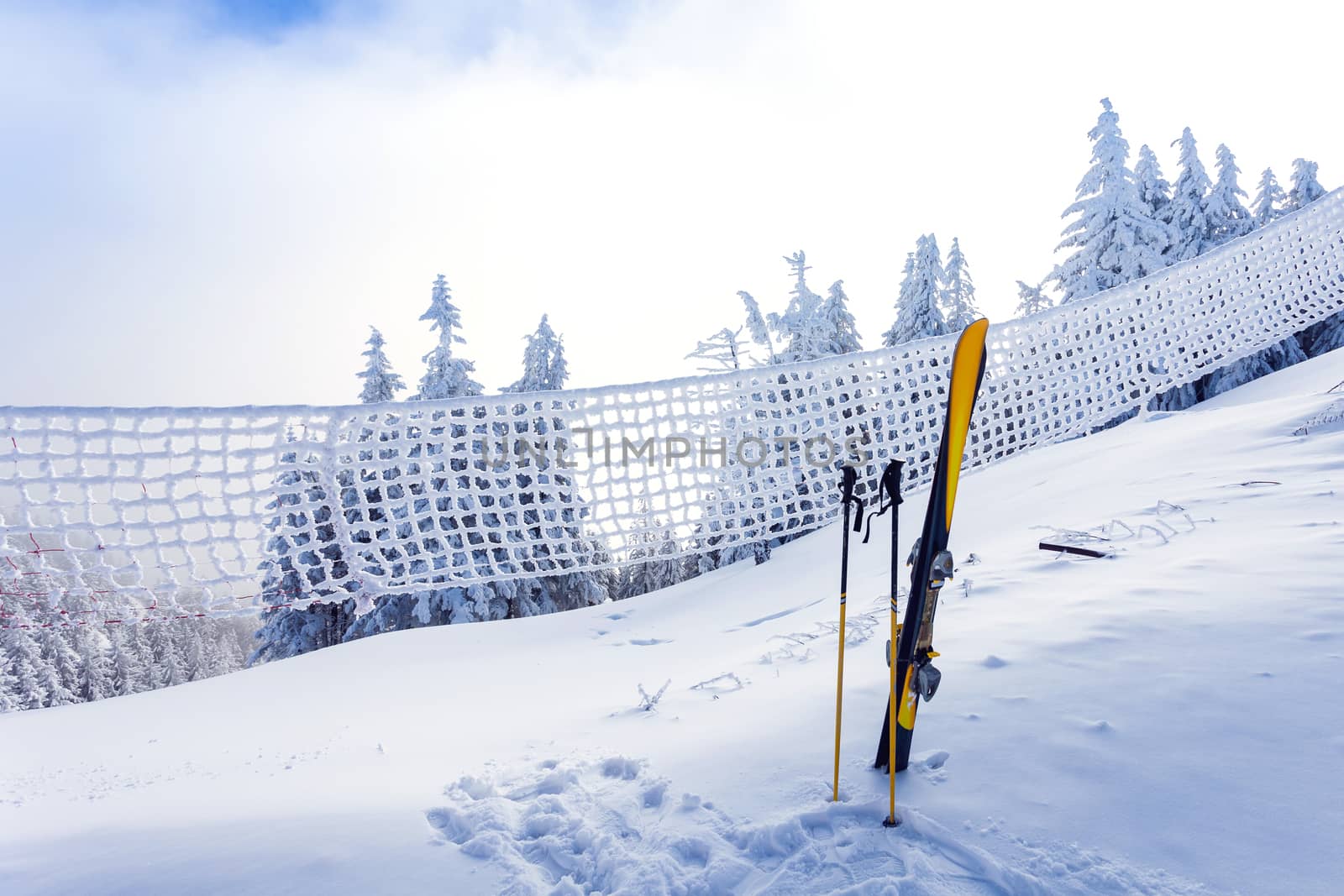 Ski equipment on ski run with pine forest covered in snow seen trough a frozen fence on back in winter season - Poiana Brasov