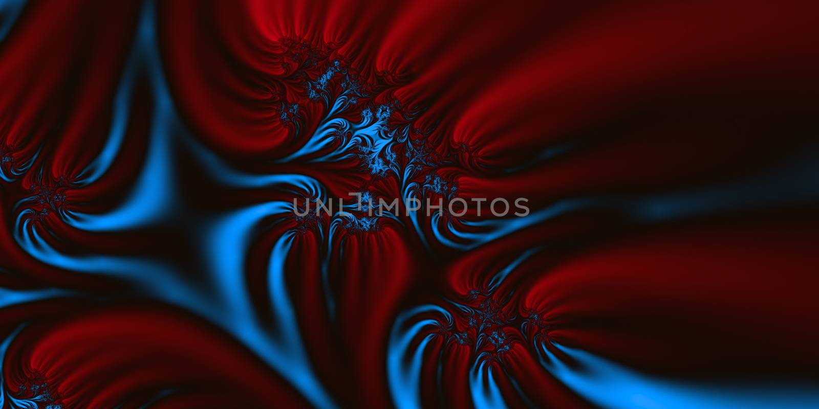 An abstract fractal design representing silk or velvet material in red, striking blue and black colors.