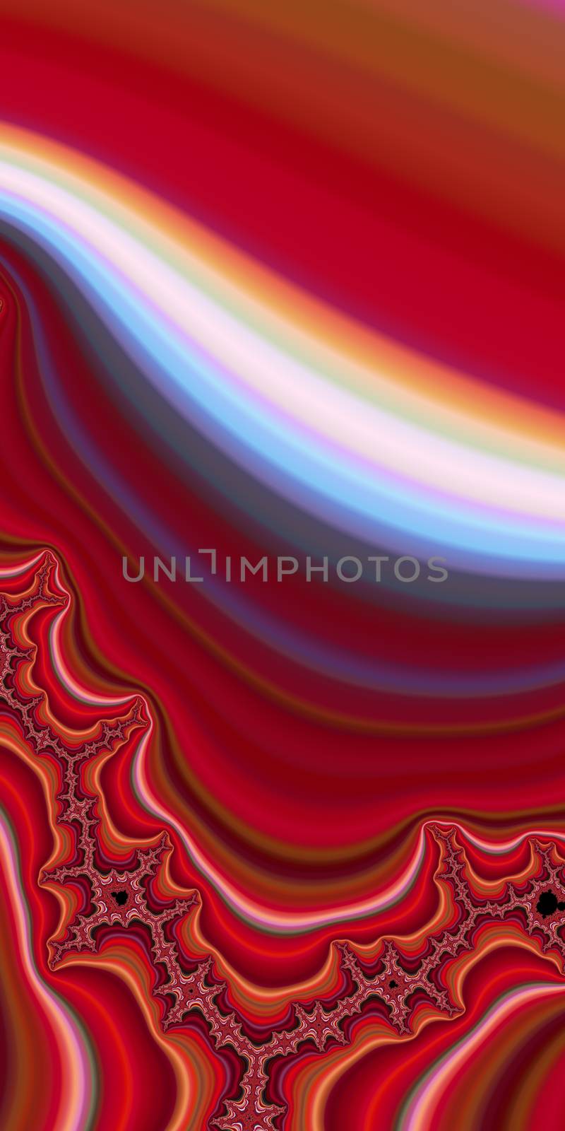 An abstract fractal design representing a rainbow with a cascade of mostly red colors.