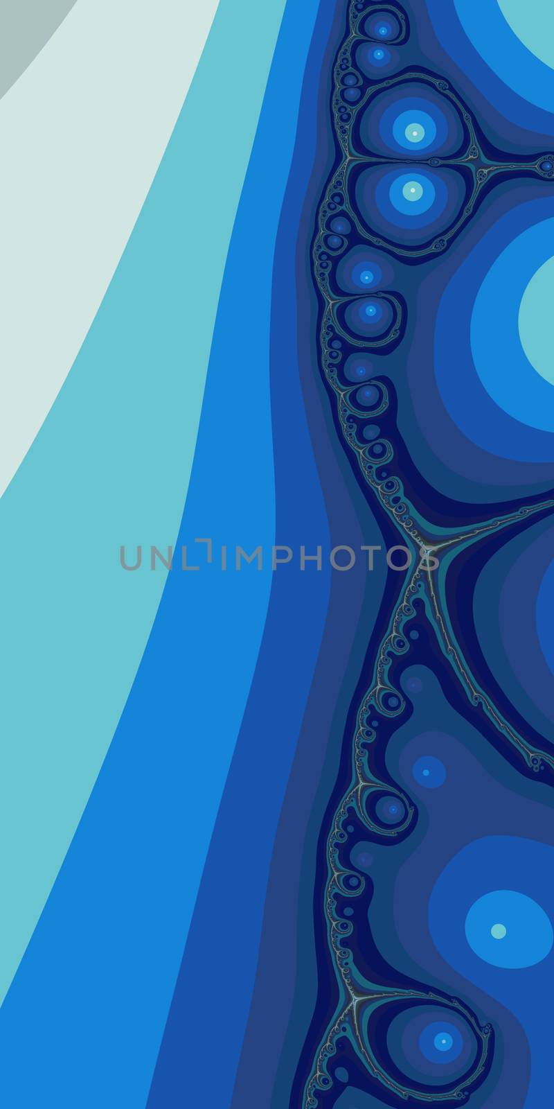 An abstract fractal design representing an interweaving ocean shoreline with foam bubbles in hues of blue.