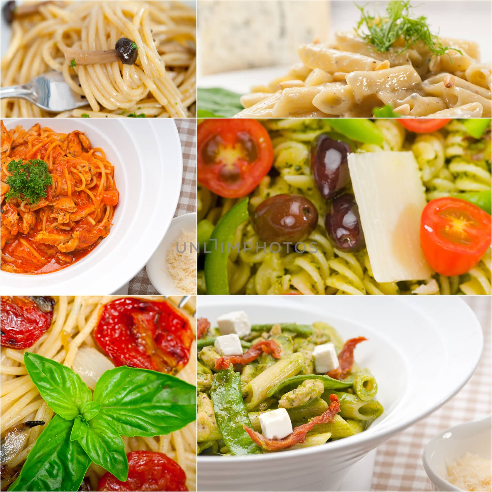 collection of different type of Italian pasta on collage white frame