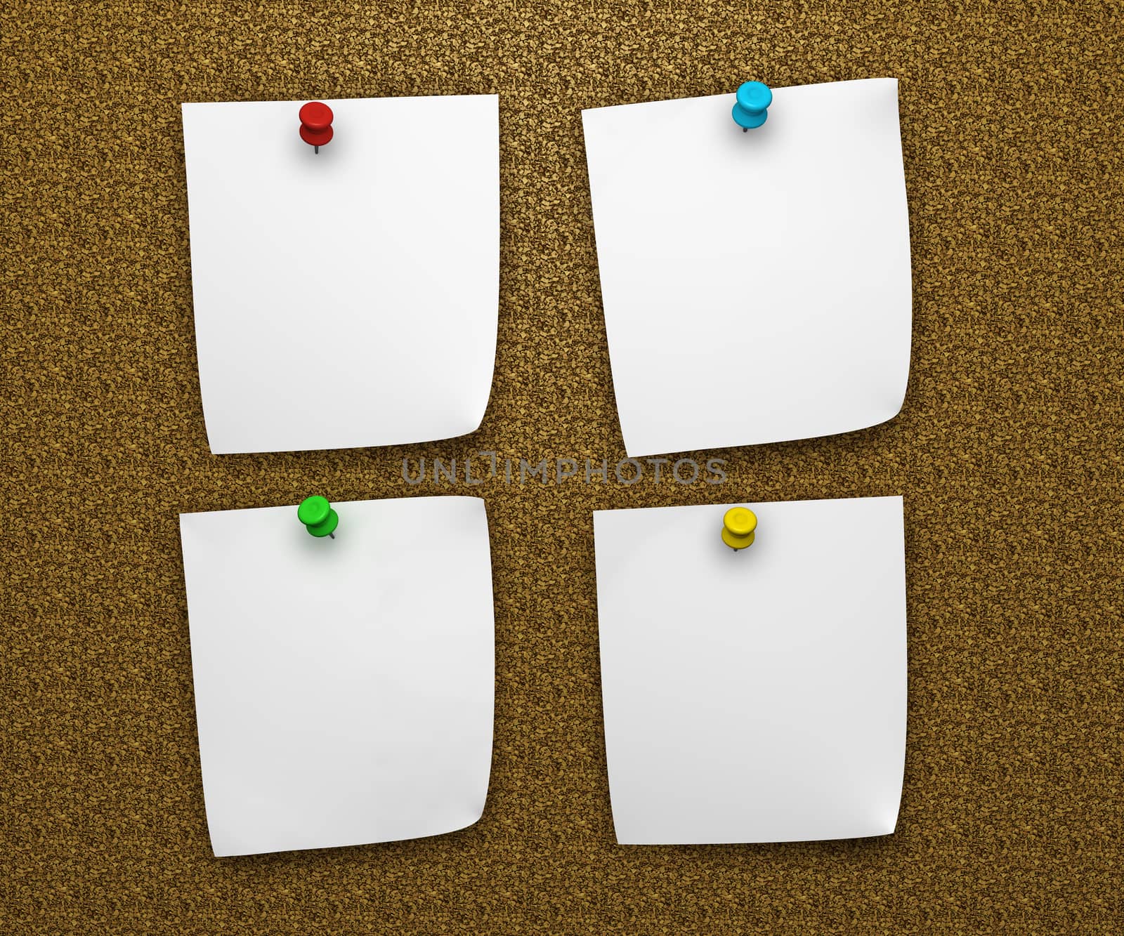 Blank white papers post it with coloured push pin on cork notice board for your adv and copy.