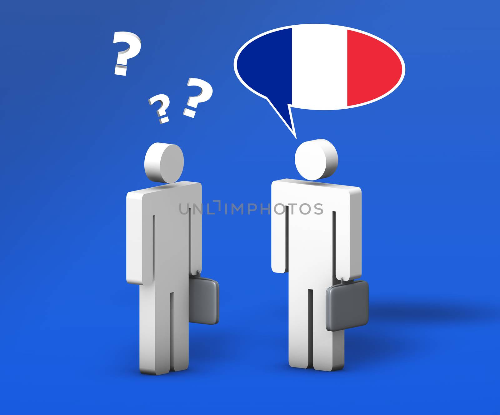 Business French concept with a funny conversation between two 3d people on blue background. The man with the flag of France on the speech cloud speaks a correct language, the other one with question mark no.