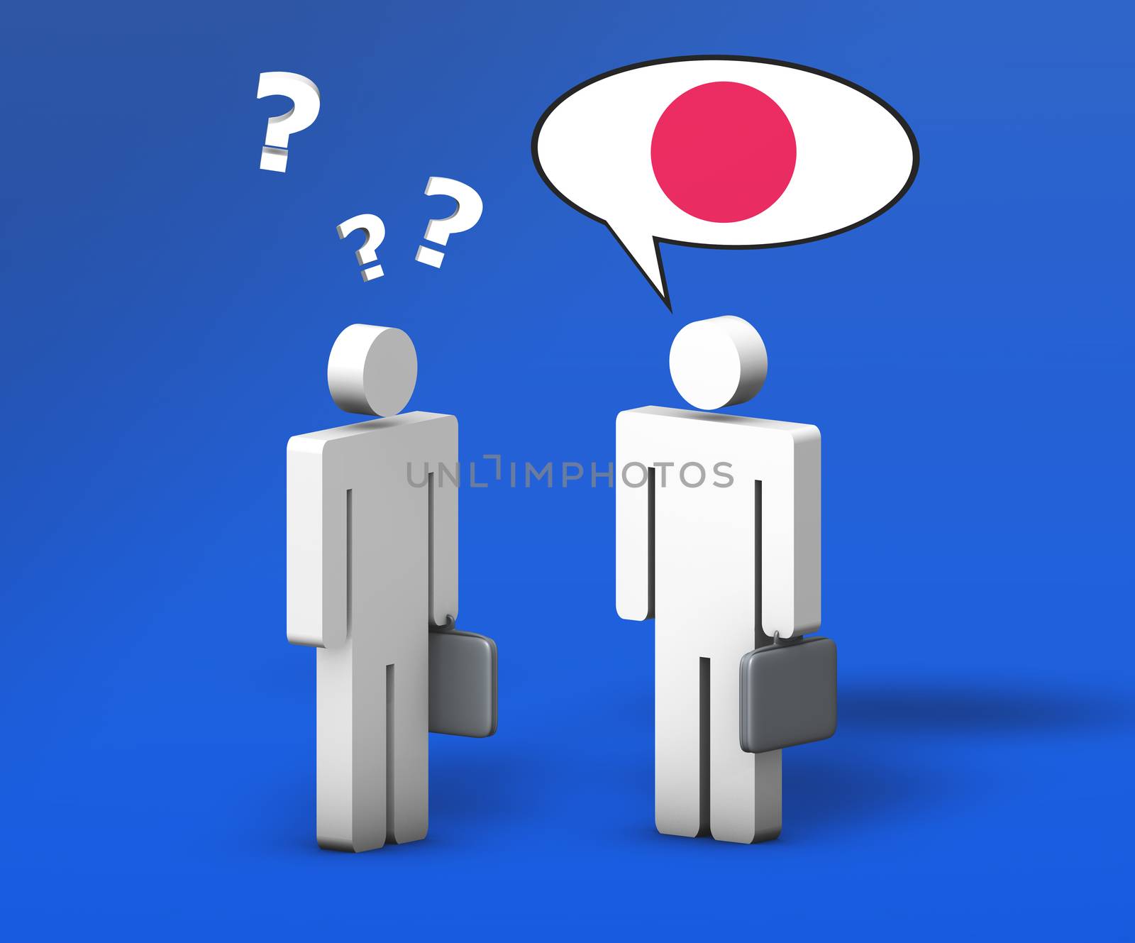 Business Japanese concept with a funny conversation between two 3d people on blue background. The man with the Japan flag on the speech cloud speaks a correct language, the other one with question mark no.