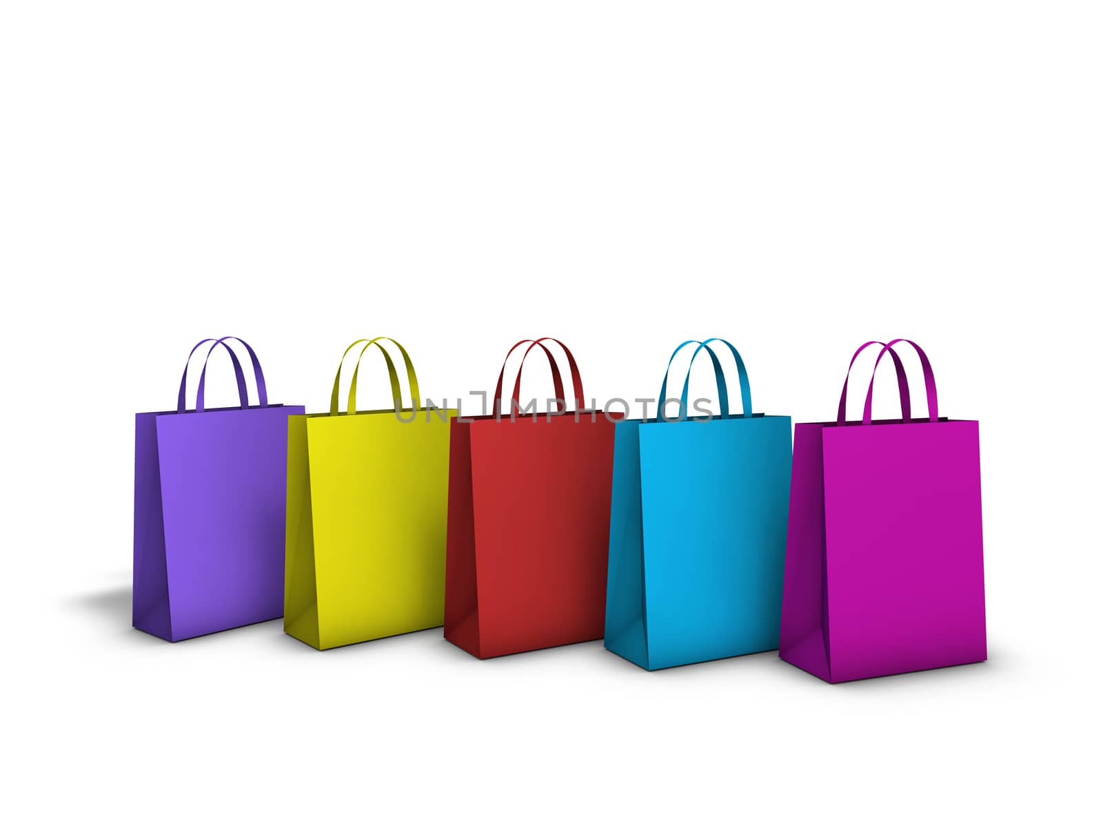 Urban life background. Row of five colourful shopping bags with blank frontal space for your copy and text on white background.