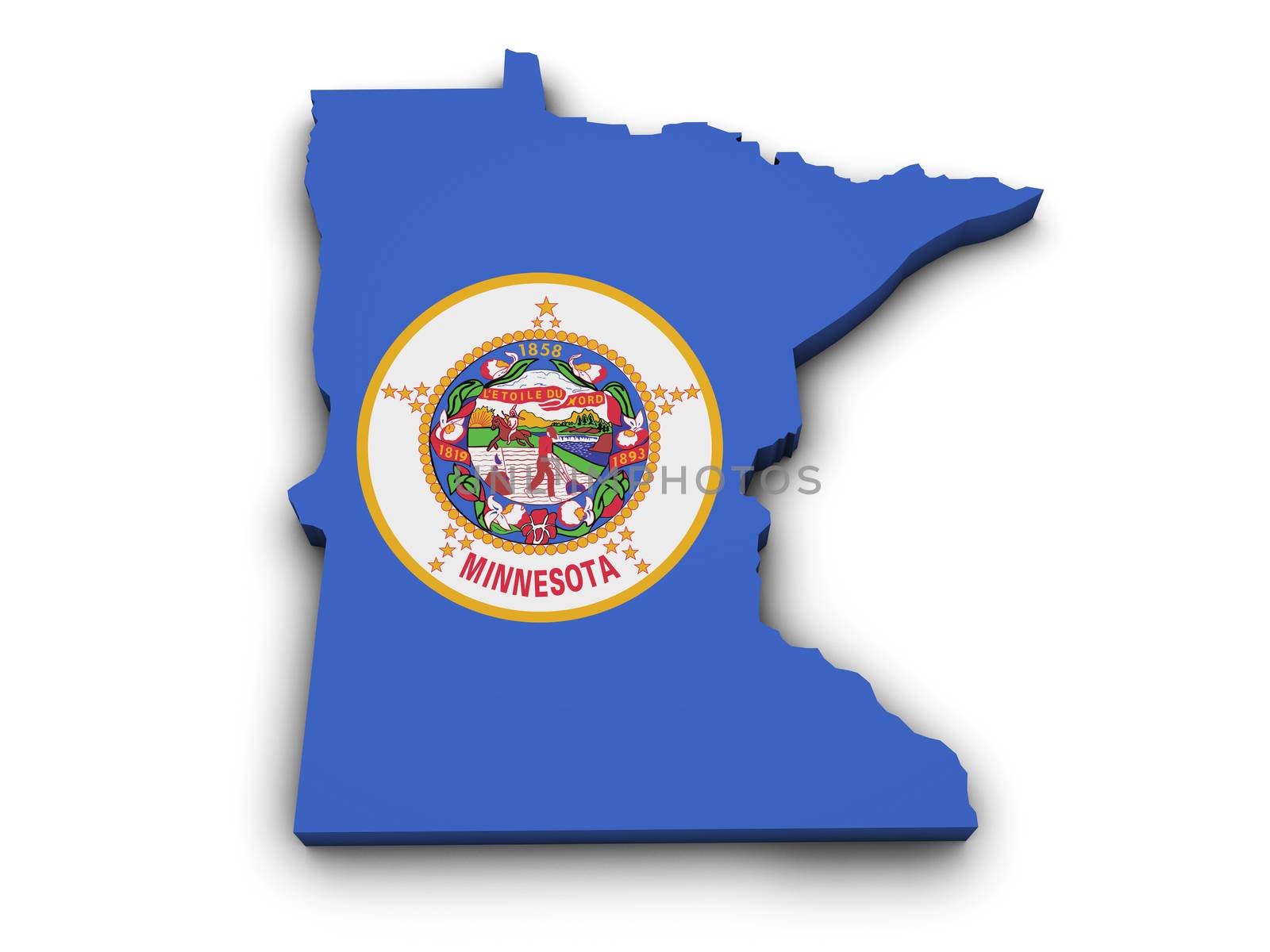 Shape 3d of Minnesota state map with flag isolated on white background.