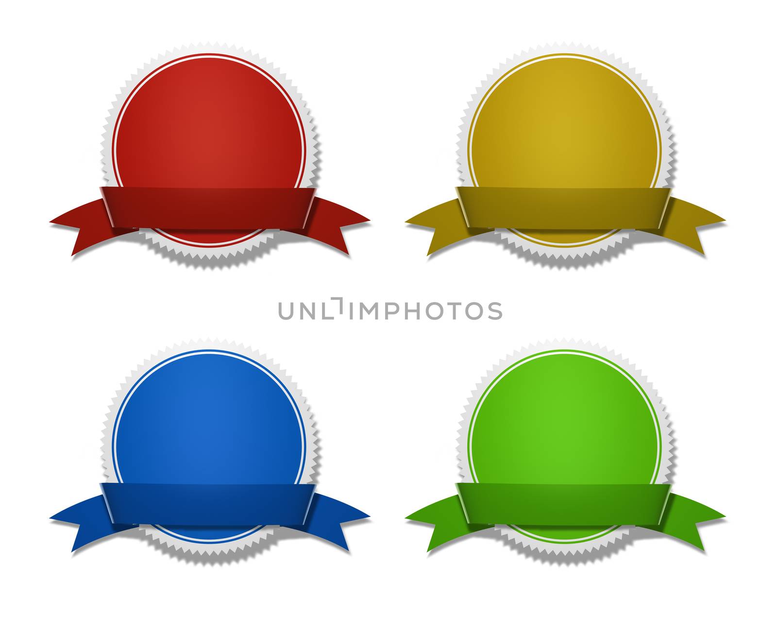 Four colorful circular award and prize medals with ribbon and blank space for your copy, adv and text isolated on white background with clipping path.