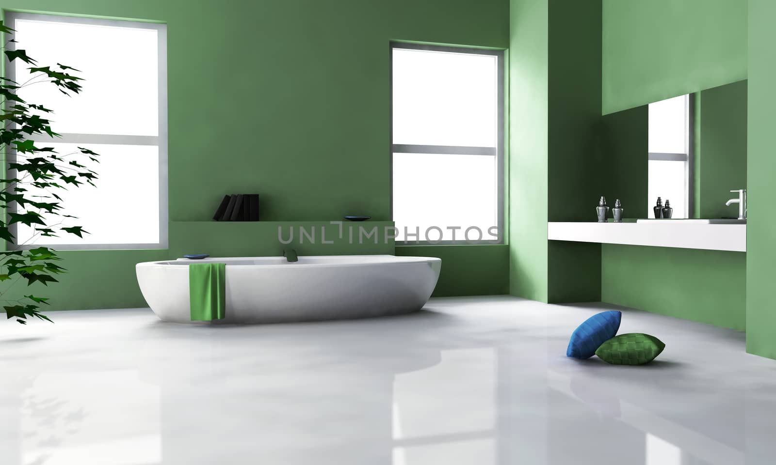 Home interior of a modern bathroom with contemporary design, big windows, white floor and blank space for copy, 3d rendering.