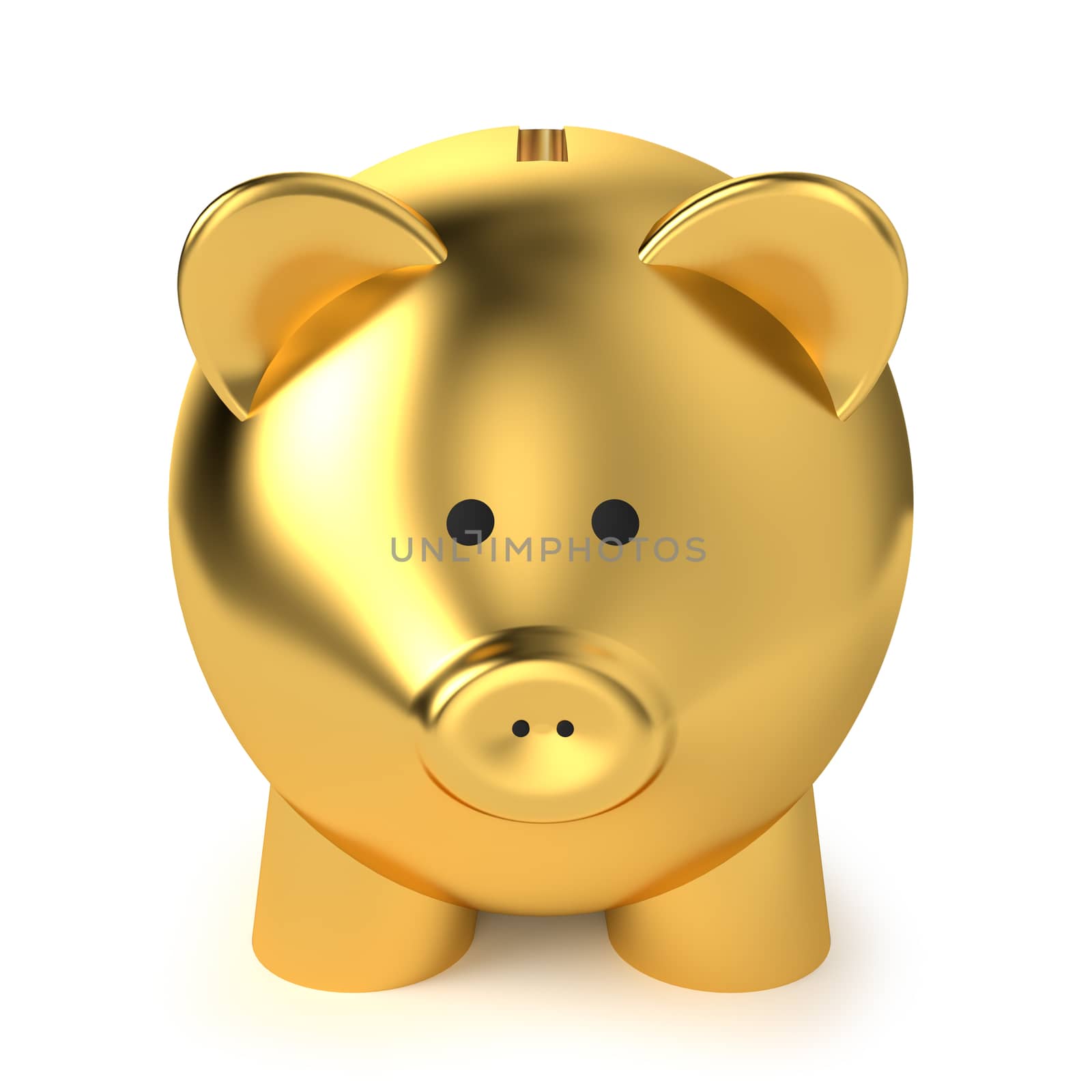 Financial, savings and business concept with a golden piggy bank or money box on white background.