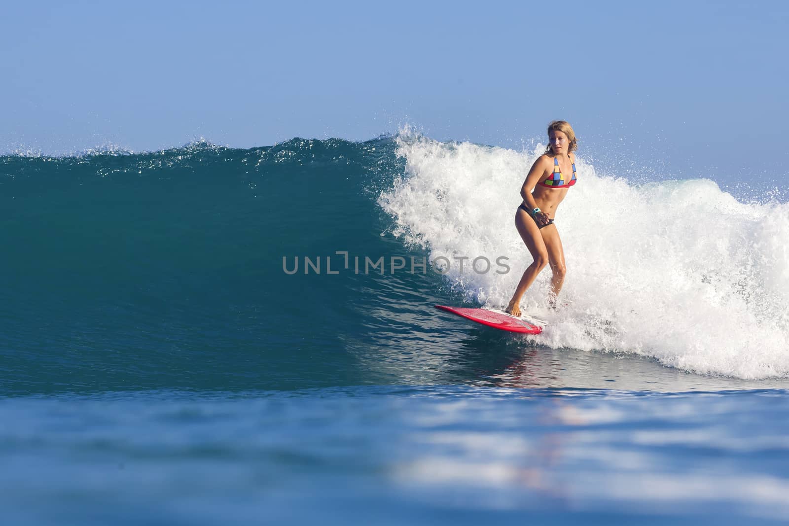 Surfer girl on Amazing Blue Wave, Bali island.