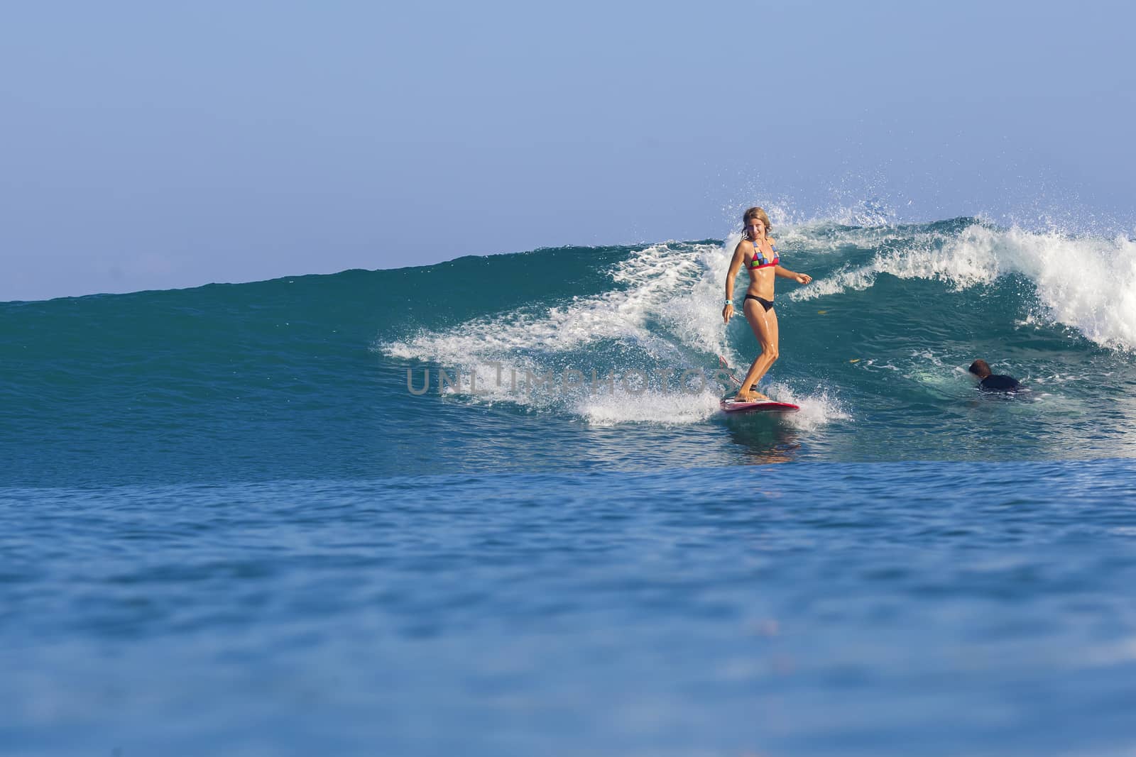 Surfer girl on Amazing Blue Wave, Bali island.